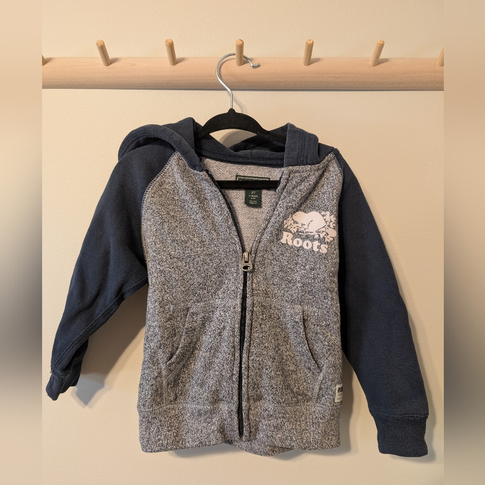 Roots Kids Hoodie in Heather Gray and Navy